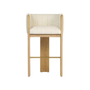 TABURETE EN TELA BEIGE Y ACABADO DE MADERA