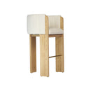 TABURETE EN TELA BEIGE Y ACABADO DE MADERA