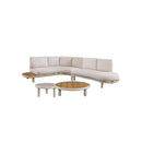 SOFA SECCIONAL DE EXTERIOR EN TELA CREMA Y MARCO BEIGE CON TOPE TECA