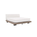 CAMA KING EN TELA GRIS BASE PU BEIGE Y PATAS COLOR BRONCE