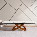 MESA DE COMEDOR TOPE DE VIDRIO TRANSPARENTE Y BASE ACABADO DE MADERA
