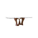 MESA DE COMEDOR TOPE DE VIDRIO TRANSPARENTE Y BASE ACABADO DE MADERA