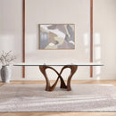 MESA DE COMEDOR TOPE DE VIDRIO TRANSPARENTE Y BASE ACABADO DE MADERA