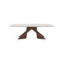 MESA DE COMEDOR TOPE DE VIDRIO TRANSPARENTE Y BASE ACABADO DE MADERA