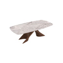 MESA DE COMEDOR TOPE DE VIDRIO TRANSPARENTE Y BASE ACABADO DE MADERA