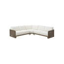 SOFA SECCIONAL ESTACIONARIO EN TELA BLANCA Y ACABADO DE MADERA