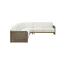 SOFA SECCIONAL ESTACIONARIO EN TELA BLANCA Y ACABADO DE MADERA
