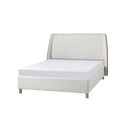 CAMA QUEEN EN TELA BEIGE Y ACABADO DE MADERA