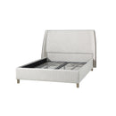 CAMA QUEEN EN TELA BEIGE Y ACABADO DE MADERA