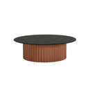 MESA DE CENTRO TOPE DE VIDRIO NEGRO Y BASE CAFE