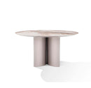 MESA DE COMEDOR TOPE ESTILO MARMOL Y BASE PLATEADA Y ACABADO DE MADERA