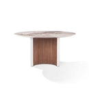 MESA DE COMEDOR TOPE ESTILO MARMOL Y BASE PLATEADA Y ACABADO DE MADERA
