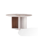 MESA DE COMEDOR TOPE ESTILO MARMOL Y BASE PLATEADA Y ACABADO DE MADERA