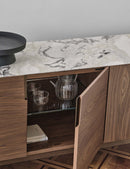 CREDENZA CON TOPE DE CERAMICA Y BASE ACABADO DE MADERA Y PATAS DORADAS