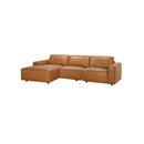 SOFA SECCIONAL ESTACIONARIO EN FRENTE DE PIEL CAMEL Y PATAS NEGRAS
