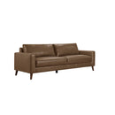 SOFA DE 3 ASIENTOS EN FRENTE DE PIEL MARRON Y PATAS MARRONES