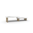 MESA DE CENTRO DOBLE OLIVER CON TEJIDO DE MIMBRE VERTICAL CON TOPE DE PIEDRA SINTERIZADA BLANCO