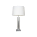 LAMPARA DE MESA BASE PLATEADA CON TUBO TRANSPARENTE Y PANTALLA BLANCA