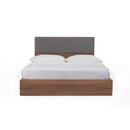 CAMA QUEEN ACABADO EN MADERA CON RESPALDO EN TELA GRIS