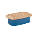MESA DE CENTRO TOPE ACABADO DE MADERA Y BASE AZUL