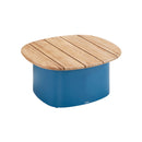 MESA DE CENTRO TOPE ACABADO DE MADERA Y BASE AZUL