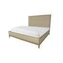 *****CAMA KING TAPIZADA EN TELA BEIGE Y PATAS ACABADO EN MADERA ENVEJECIDA
