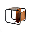 MESA LATERAL CON TOPE DE CERAMICA FRENTE DE PIEL Y PATAS NEGRAS