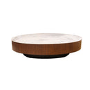 MESA DE CENTRO CON TOPE REDONDO DE CERAMICA Y BASE DE MADERA