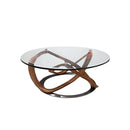 MESA DE CENTRO CON BASE DE MADERA DE FRESNO Y ACERO INOXIDABLE TOPE DE VIDRIO