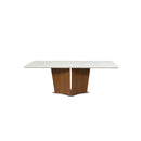 MESA DE COMEDOR RECTANGULAR CON TOPE ESTILO MARMOL Y BASE EN ACABADO DE MADERA