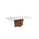 MESA DE COMEDOR RECTANGULAR CON TOPE ESTILO MARMOL Y BASE EN ACABADO DE MADERA