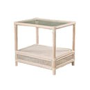 MESA LATERAL GIRONA EN RATAN CON LAVADO BLANCO Y TOPE DE VIDRIO TRANSPARENTE