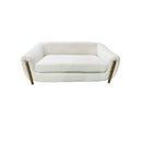 SOFA ESTACIONARIO DE DOS ASIENTOS EN TELA BLANCA Y BASE EN ACABADO DE MADERA