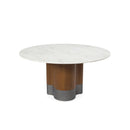 MESA DE COMEDOR REDONDA CON TOPE ESTILO MARMOL BLANCO Y BASE EN ACABADO DE MADERA