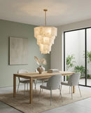 CHANDELIER, IRON AND RESIN, IRON IN BRUSHED BRASS FINISH,  WHITE RESIN WITH BLACK PATTERN