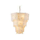 CHANDELIER, IRON AND RESIN, IRON IN BRUSHED BRASS FINISH,  WHITE RESIN WITH BLACK PATTERN