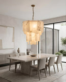CHANDELIER, IRON AND RESIN, IRON IN BRUSHED BRASS FINISH, WHITE RESIN WITH BLACK PATTERN