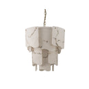 CHANDELIER, IRON AND RESIN, IRON IN BRUSHED BRASS FINISH, WHITE RESIN WITH BLACK PATTERN