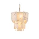 CHANDELIER, IRON AND RESIN, IRON IN BRUSHED BRASS FINISH, WHITE RESIN WITH BLACK PATTERN