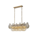 CHANDELIER, IRON AND GLASS, IRON IN BRUSHED BRASS FINISH, CHAMPANGE  GLASS