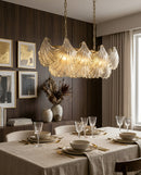 CHANDELIER, IRON AND GLASS, IRON IN BRUSHED BRASS FINISH, CHAMPANGE  GLASS