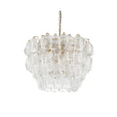 CHANDELIER, IRON AND GLASS, IRON IN BRUSHED BRASS FINISH, CLEAR GLASS