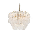CHANDELIER, IRON AND GLASS, IRON IN BRUSHED BRASS FINISH, CLEAR GLASS