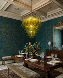 CHANDELIER, IRON AND GLASS, IRON IN BRUSHED BRASS FINISH , GREEN GLASS