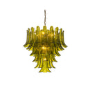 CHANDELIER, IRON AND GLASS, IRON IN BRUSHED BRASS FINISH , GREEN GLASS