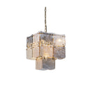 CHANDELIER, IRON AND GLASS, IRON IN BRUSHED BRASS FINISH, AMBER, CHAMPANGE, LIGHT SMOKE GLASS