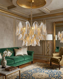 CHANDELIER, IRON AND GLASS, IRON IN BRUSHED BRASS FINISH, CHAMPAGNE GLASS
