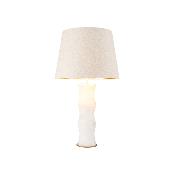 LAMPARA DE MESA, HIERRO EN ACABADO LATON CEPILLADO MATE, ALABASTRO BLANCO, PANTALLA DE LINO