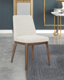 SILLA DE COMEDOR EN TELA BEIGE  Y PATAS ACABADO DE MADERA