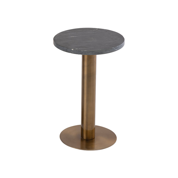 MESA LATERAL TOPE ESTILO MARMOL NEGRO Y BASE DORADA